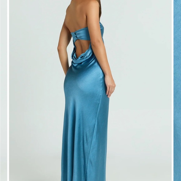 Showpo Strapless Satin Dress in Blue - Picture 2 of 4